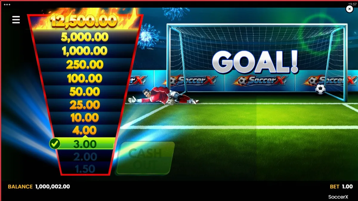 Interface do jogo SoccerX mostrando o goleiro e o multiplicador