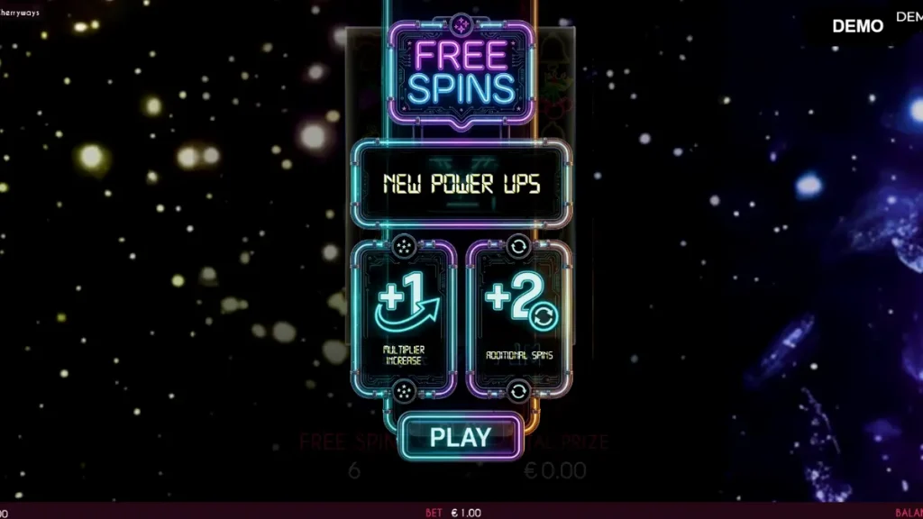 Interface vibrante de neon do jogo Turbo Fortune Cherryways com símbolos de frutas brilhantes.