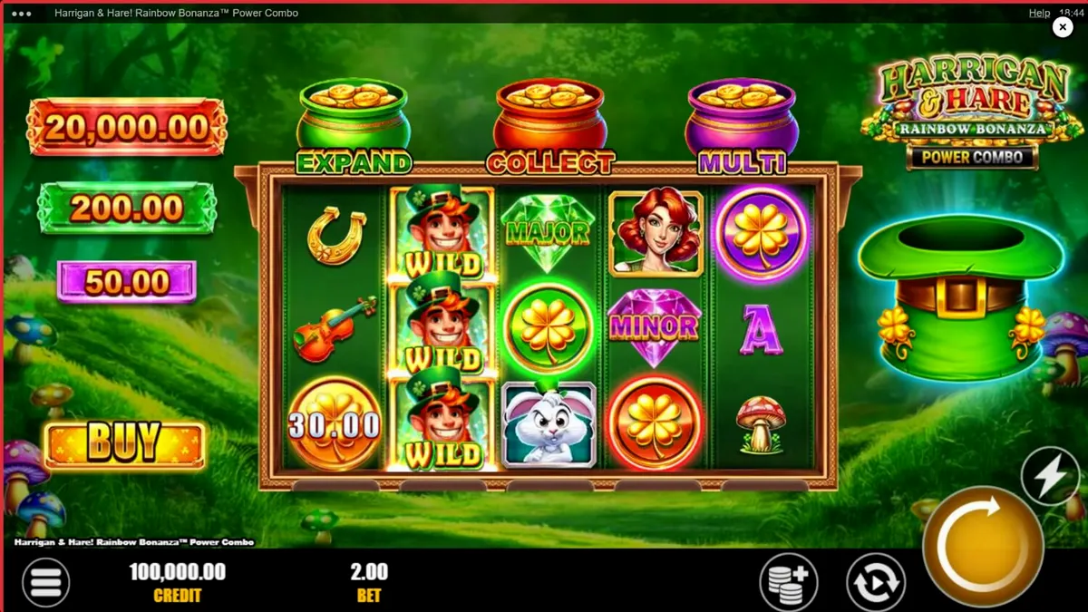 Harrigan & Hare Rainbow Bonanza Power Combo slot machine interface